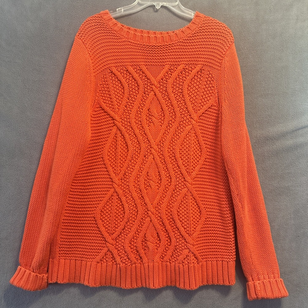 Lands End Drifter Sweater Chunky Cable Knit Fisherman Womens Size Large Orange